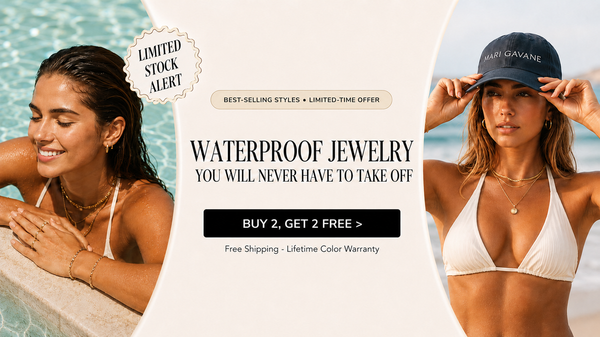 Promotional banner for waterproof jewelry featuring two women by the ocean: one in a white bikini leaning on a pool edge, and another wearing a navy baseball cap and white bikini top adjusting her hat. Large text reads 'WATERPROOF JEWELRY YOU WILL NEVER HAVE TO TAKE OFF' with sale copy and a 'BUY 2, GET 2 GET 3' offer.