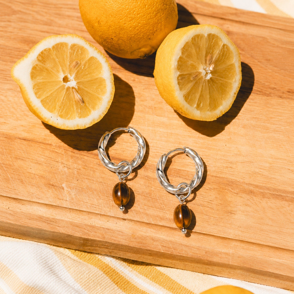 Tiger Eye Hoops Earrings – waterproof earrings by Mari Gavane (view 5)
