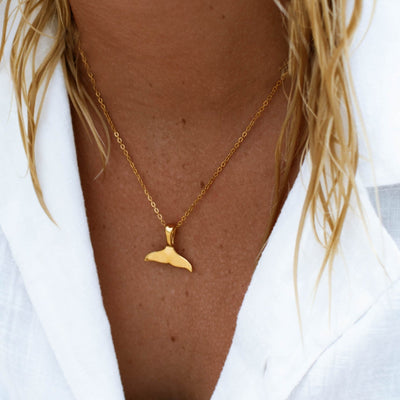 Waterproof Gold Whale Tail Pendant Necklace for Women, Dainty